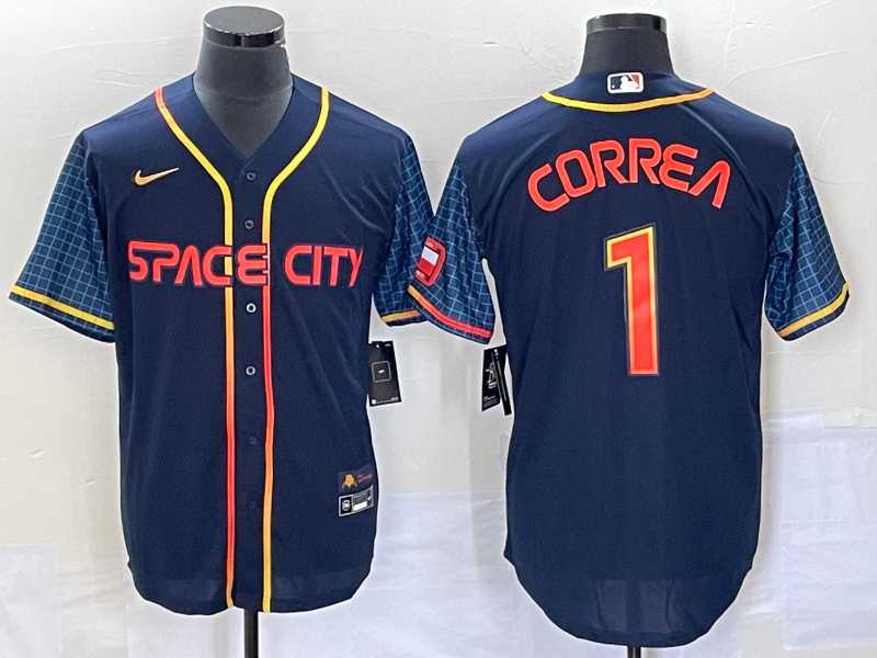 Mens Houston Astros #1 Carlos Correa 2022 Navy Blue City Connect Cool Base Stitched Jersey->houston astros->MLB Jersey
